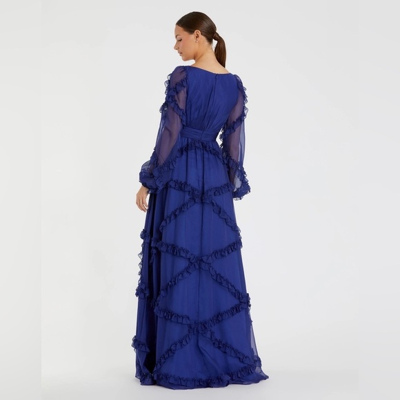 Mac Duggal A68223 NWT Blue Cascade Ruffle Puff Sleeve A Line Gown - Picture 3 of 10